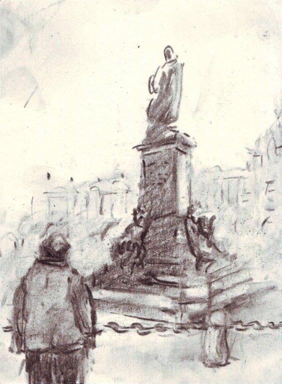 bij het standbeeld van Adam Mickiewicz
